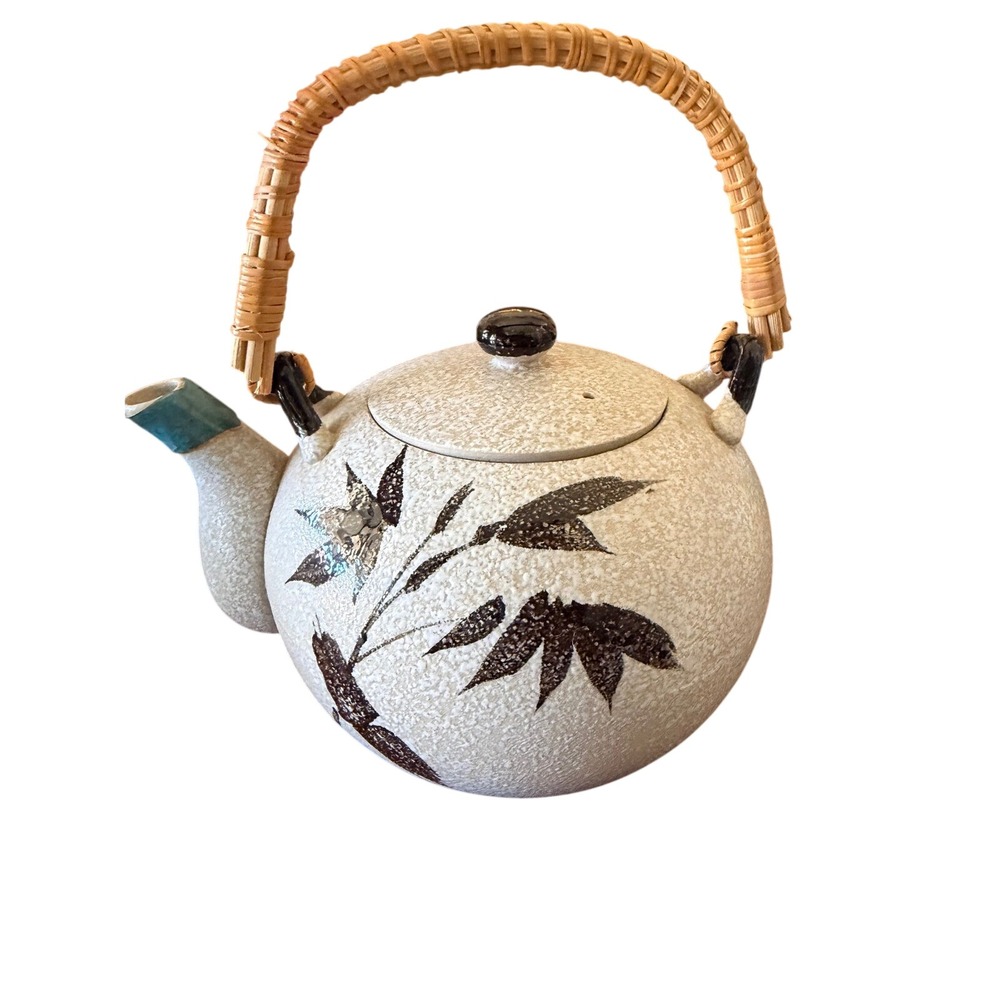 Vtg. FECO Japanese Teapot Cream Good Bamboo Leaf Wicker Handle Asian Zen Japandi